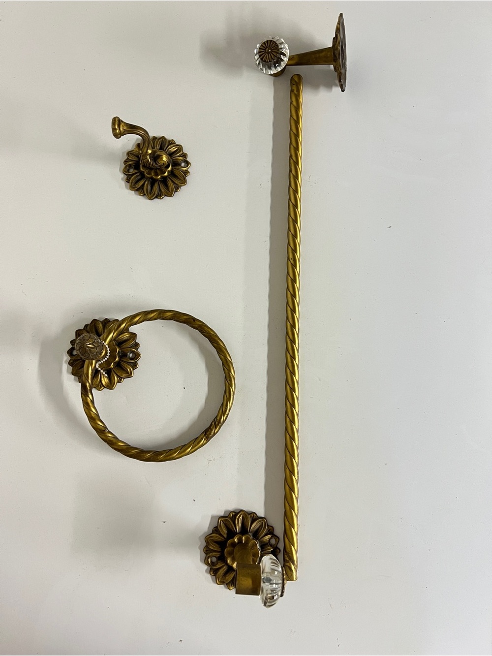 Vintage Italian Brass Finish Towel Ring and Bar Wall Set - Gold